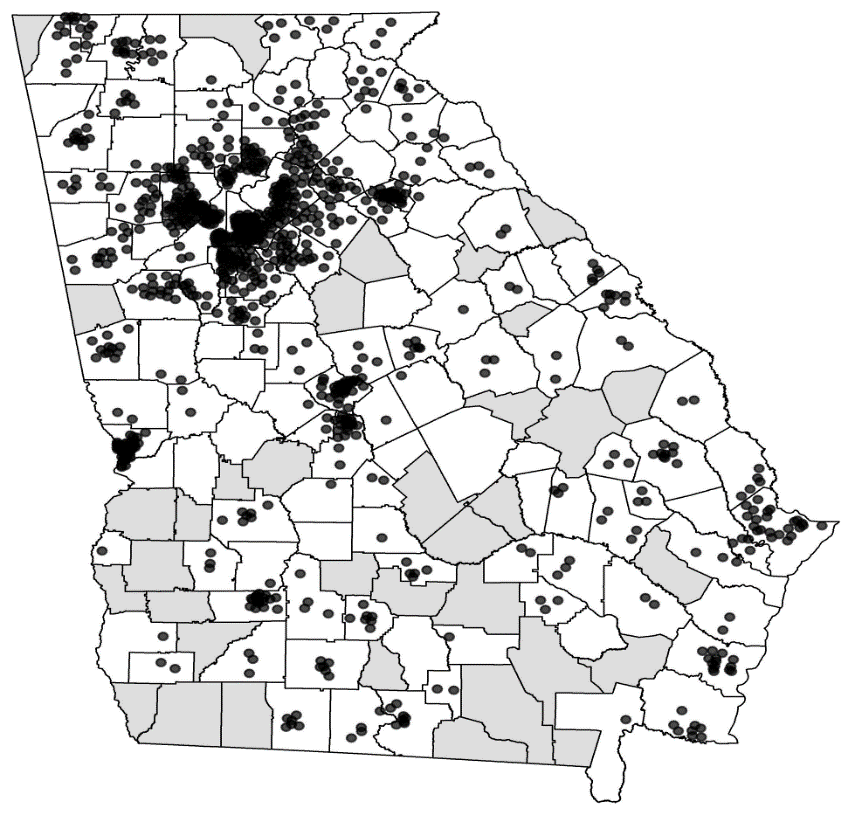 Caption: Locations of communities where parents of children eligible for public insurance have to travel to reach a dental provider longer distances with 10 miles than those with private insurance or those with ability to afford of out-of-pocket care.